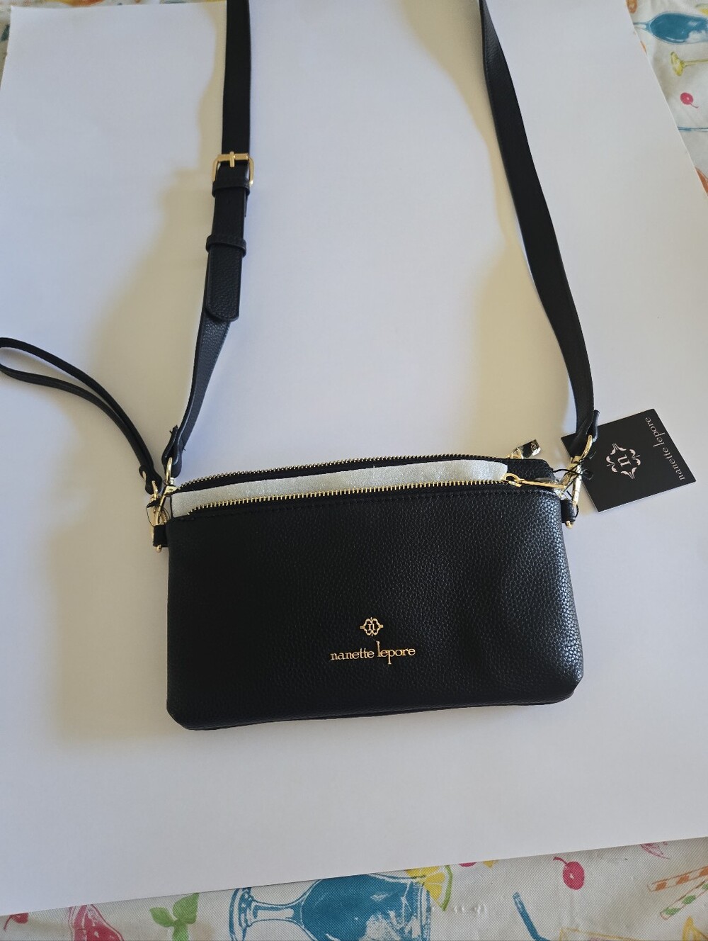Nanette Lepore Black Pebbled Leather Crossbody with Gold Hardware